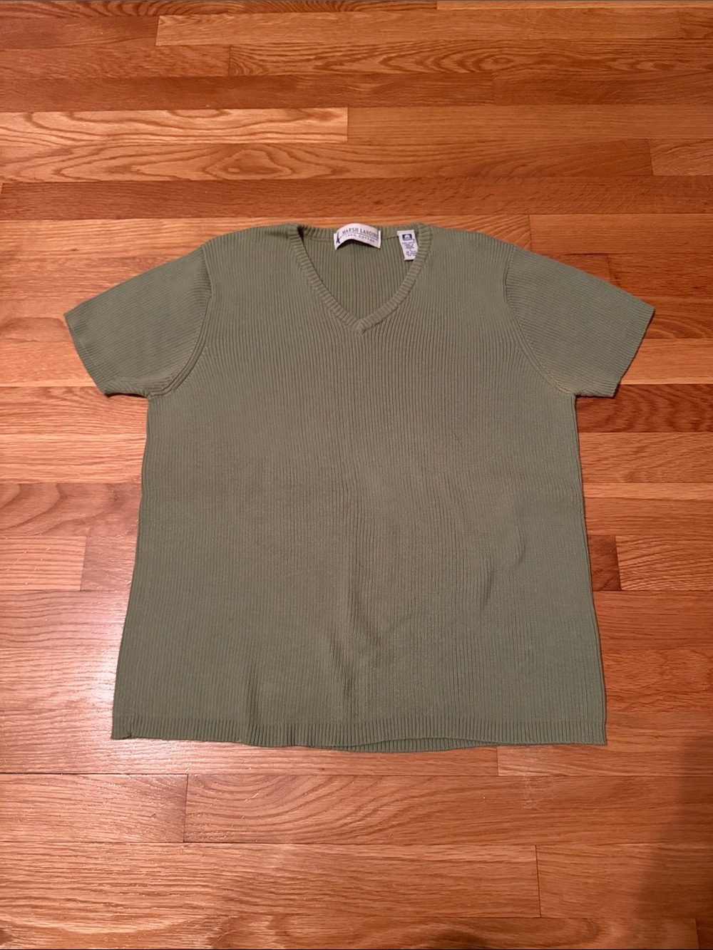 Marsh Landing Olive Green Ribbed V-Neck Short Sleeve Shirt